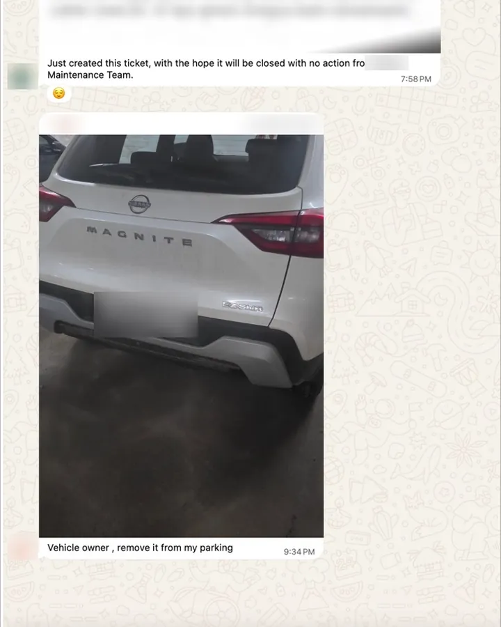 WhatsApp message with a photo of the same white SUV, under a complaint ticket nobody expects to be resolved