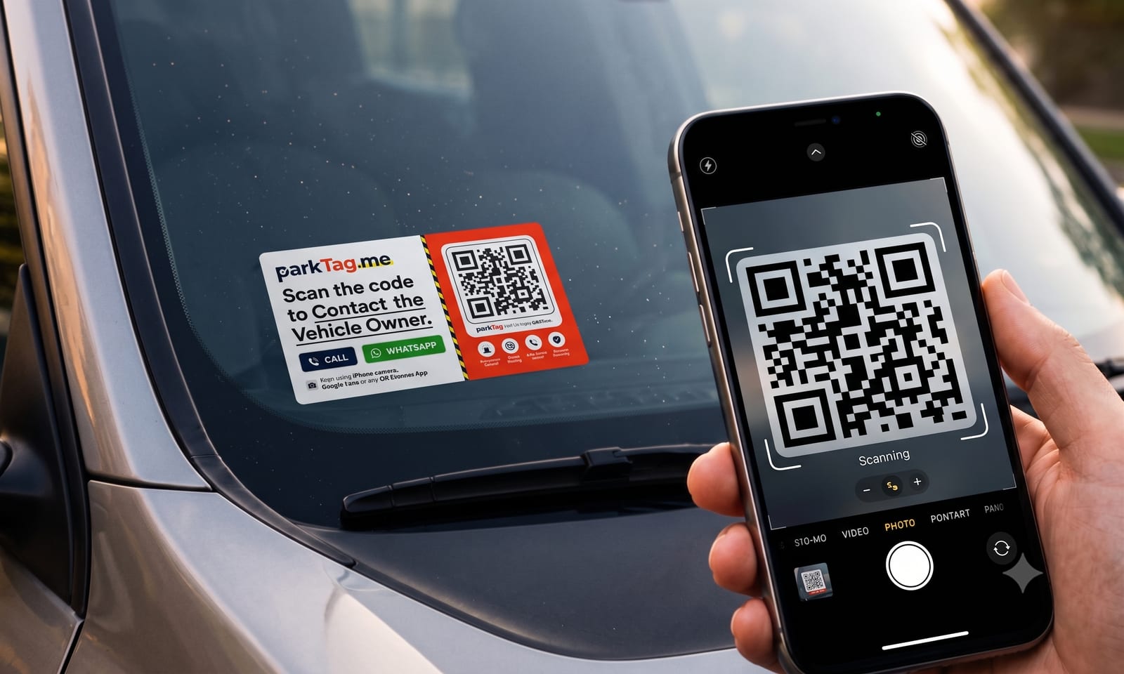 ParkTag sticker on car windshield being scanned by phone